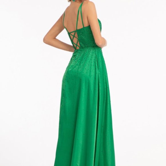 NEW GREEN LONG A-LINE DRESS WITH STRAPS ILLUSION SWEETHEART PROM GOWN GL3039 - Picture 8 of 8